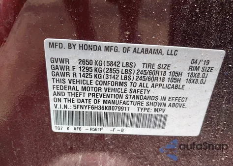 2019 Honda Pilot Ex from USA, damaged, VIN 5FNYF6H36KB079911